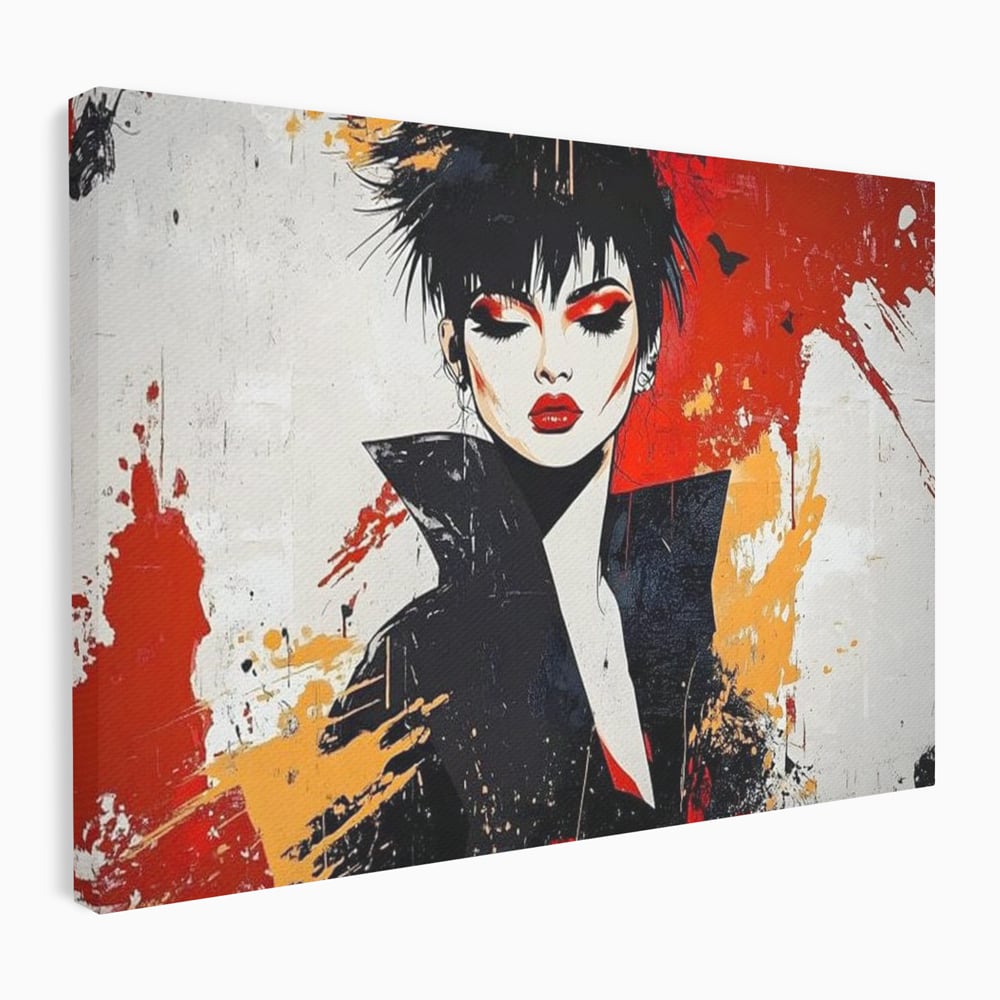 Tablou canvas cu ilustratie digitala cu portret de femeie in stil punk, fara rama, pe sasiu de lemn